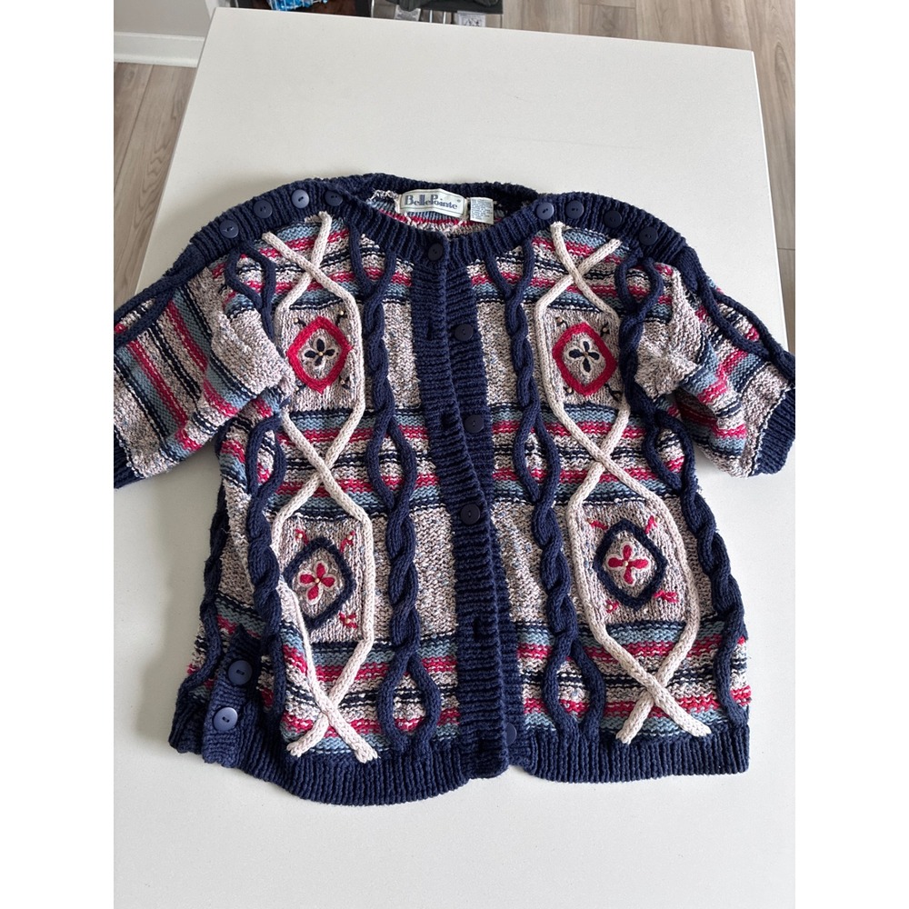 Vintage BellePointe Womens Short Sleeve Cardigan Sweater Cable Knit Floral Blu M